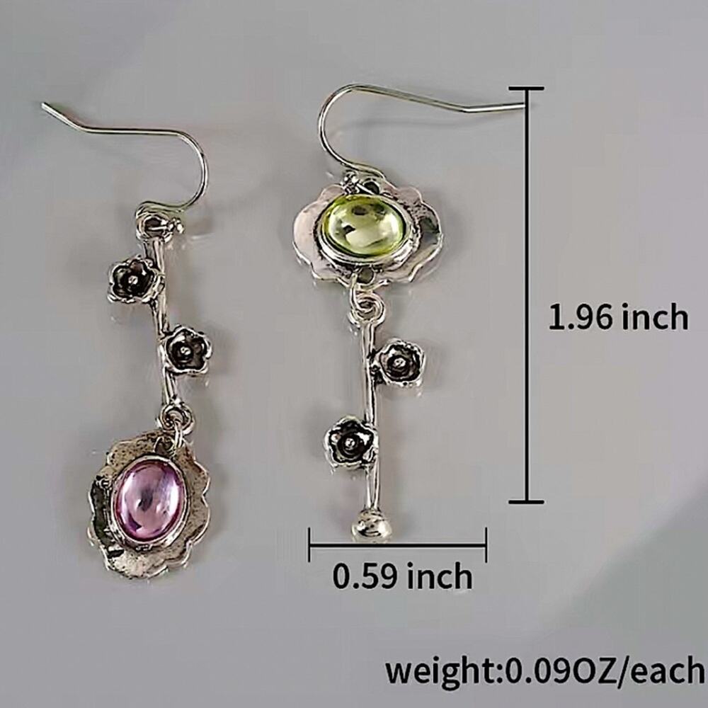 Silver Irregular Mix Match Amethyst Flower Dangle Vintage Boho Earrings - Picture 2 of 2